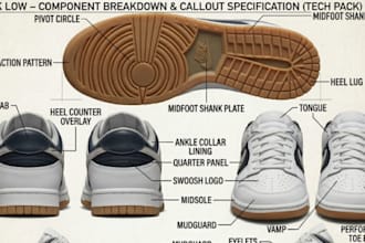 create shoe, sneaker tech pack, flat sketch and footwear cad technical drawing