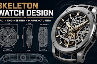 design 3d skeleton watch drawing, technical cad drawing, watch cad manufacturing