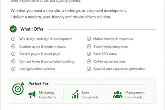 design, redesign and develop wix sites for marketing,and management consultant