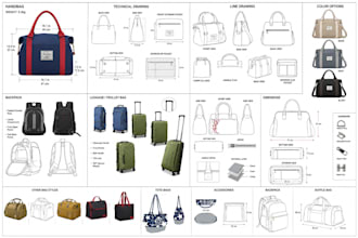 design a handbag, backpack, or luggage tech pack for manufacturing