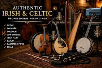 record fiddle bodhran,bouzouki,low whistle,irishharp,banjo,bagpipe,pipes,cello