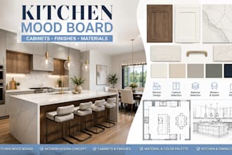 design kitchen concept board, cabinets, finishes, material selection mood board