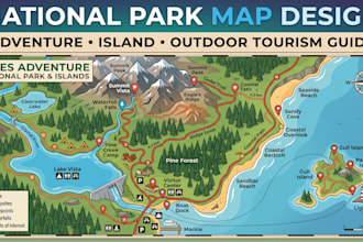 design national park map, adventure map, island map and outdoor tourism guide