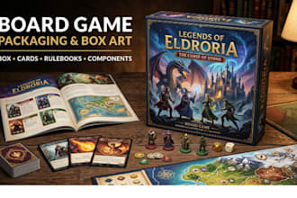design board game packaging, box art, and rulebooks