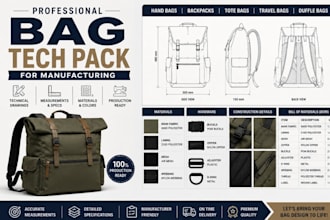 design bag tech pack,  handbag, backpack and technical drawing for manufacturing