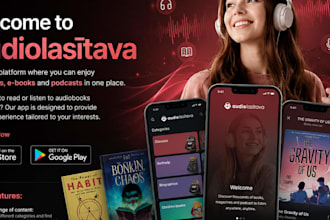 design audiobook app, music streaming, ebook, podcast and radio station app