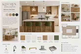design kitchen mood board, kitchen interior, kitchen layout and space planning