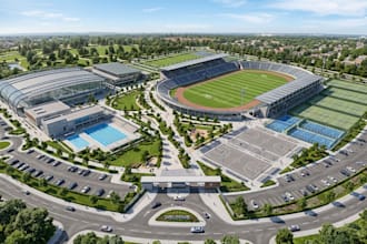 design a 3d sports complex master plan and realistic render