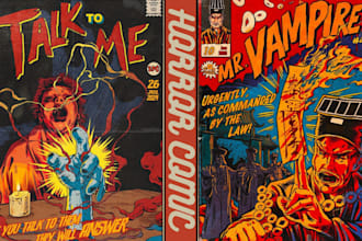 create vintage horror comic art, illustrations, hallowen horror, retro art