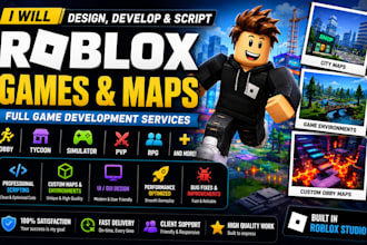 develop roblox game,roblox scripting,vfx systems, lua,map,full game development