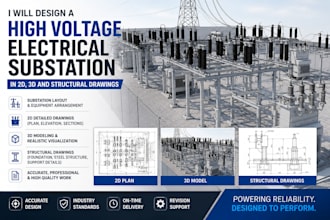 design a high voltage electrical substation in 2d, 3d and structural drawings