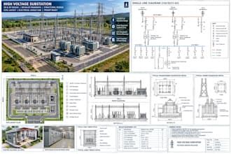 do high voltage electrical design, substation design, 3d rendering, 2d drawing