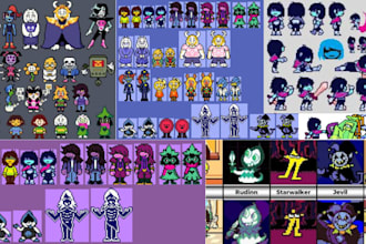 make deltarune rpg, pixel art, sprites sheet, characters, cover art, animation