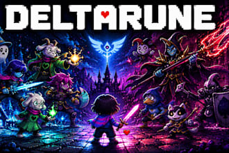 make deltarune rpg, pixel art, sprites sheet, characters, cover art, animation