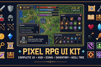 create pixel art game ui, icons logo hud game badge assets retro rpg indie game