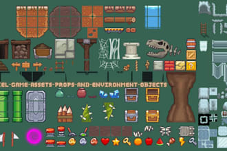 create pixel game assets, props and environment objects, pixel game art, weapon