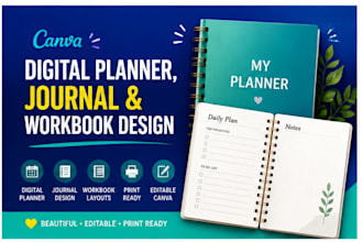 design editable digital planner, journal and canva workbook