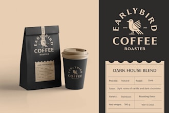 do premium coffee label, packaging, paper cup, sticker design