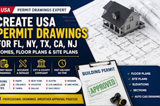 create USA permit drawings for fl ny tx ca nj homes, floor plans site plans