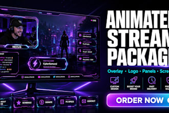 design animated twitch stream, retro overlay, twitch logo, panels, and screens