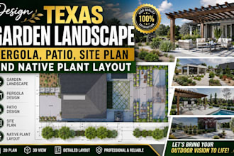 design texas garden landscape, pergola, patio, site plan and native plant layout