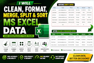 clean, format, merge, split, sort and deduplicate excel data