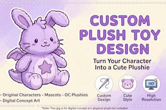 design a cute custom original characters plush toy concept and turnaround sheet