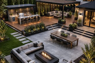 design outdoor kitchen, pergola, deck, patio, and backyard 3d rendering