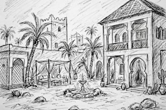 draw your villa as luxury moroccan riad watercolor wall art
