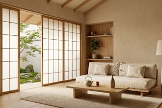 design a 3d japandi scandinavian and wabi sabi interior with realistic render