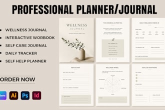 design custom wellness self care journal, fitness guided planner, habit tracker