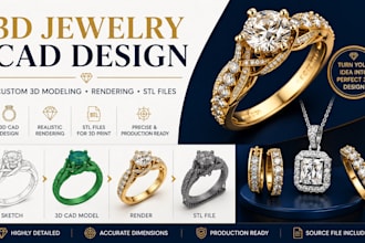 create 3d jewelry cad design, custom jewelry modeling, rendering and stl files