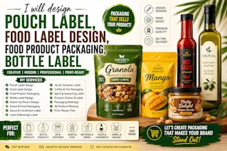 design pouch label, food label design, food product packaging, bottle label