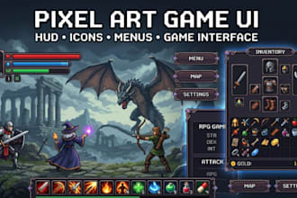 design pixel art game ui, hud, icons, gui inventory assets and 2d game interface