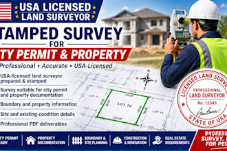 provide USA licensed land surveyor stamped survey for city permit and property
