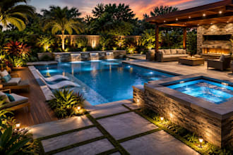 do pool design, landscape design, backyard, garden, patio and 3d rendering