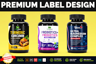design supplement label, vitamin bottle, medicine box and nutrition packaging