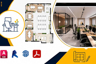 design startup office layouts, modern workspace plans and cad drawings