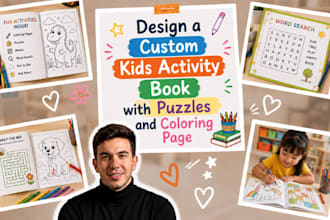 design a custom kids activity book with puzzles and coloring page