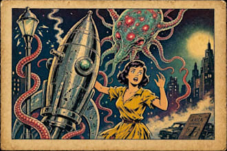 create vintage comic, horror and sci fi art