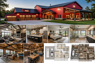 detailed interior, exterior barndominium house, architect house plans, pole barn