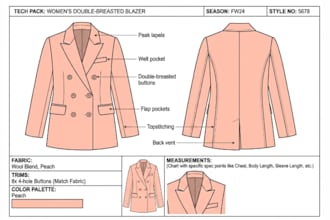 design blazer and tailored jacket tech pack with flat sketch for manufacturer
