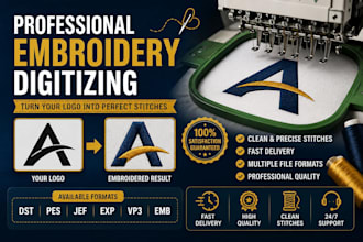 professionally digitize logo for embroidery in dst pes jef exp vp3 emb files