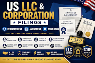 close, terminate, file dissolution US llc or corp reinstatement, amendment