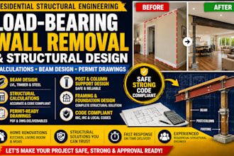 design load bearing wall removal, beam calculations, structural permit drawing