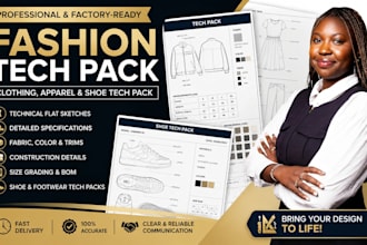 design clothing, fashion, shoe and apparel tech packs with technical flats