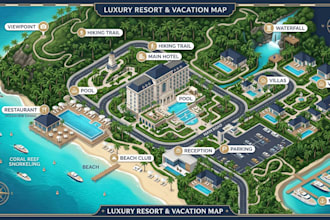 design custom 2d illustrated tourist map, travel map and resort vacation maps