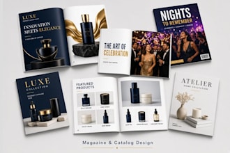 create product launch event magazine and party magazine layouts, catalog design
