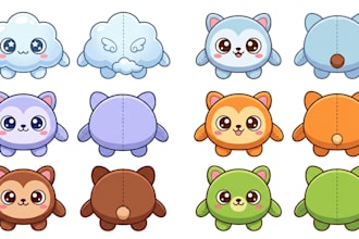 design a plush reference sheet, mascot, toy, birthday gift