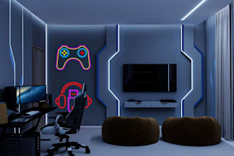 design a realistic 3d gaming room, gaming setup and streaming space